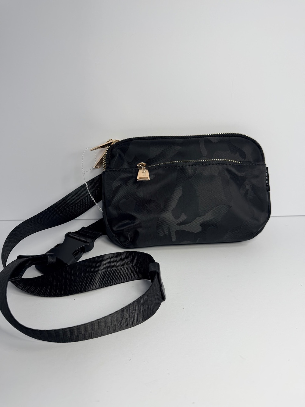ZORFIN Black Camo Crossbody Bag Gold Hardware Zip Closure Adjustable Strap